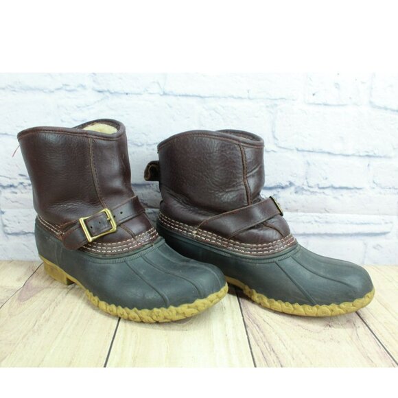 LL Bean Lounger Brown Leather Shearling Lined Ankle Duck Boots Size 9 M - Picture 3 of 10